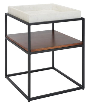 Kya 2-Tier Marble Accent Table - Stylish Walnut & Black Frame, Perfect for Chic Small Spaces