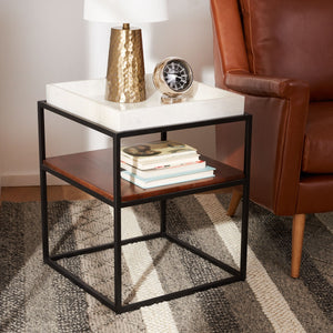 Kya 2-Tier Marble Accent Table - Stylish Walnut & Black Frame, Perfect for Chic Small Spaces