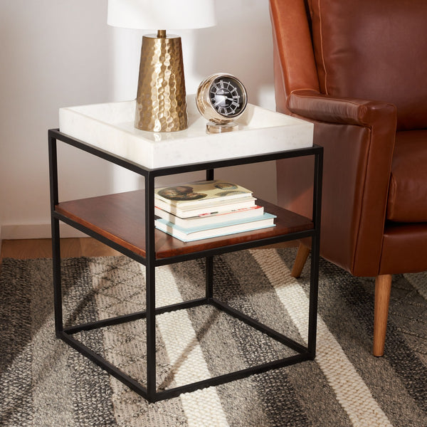 Kya 2-Tier Marble Accent Table - Stylish Walnut & Black Frame, Perfect for Chic Small Spaces