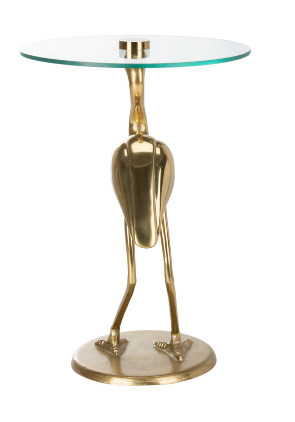 Tori Crane Base Accent Table - Elegant Gold Finish with Glass Top, Organic Design for Home Decor