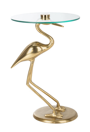 Tori Crane Base Accent Table - Elegant Gold Finish with Glass Top, Organic Design for Home Decor