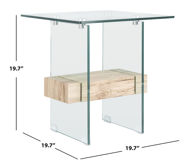 Kayley Accent Table - Elegant Modern Design with Clear Tempered Glass and Natural Wood Shelf Appeal