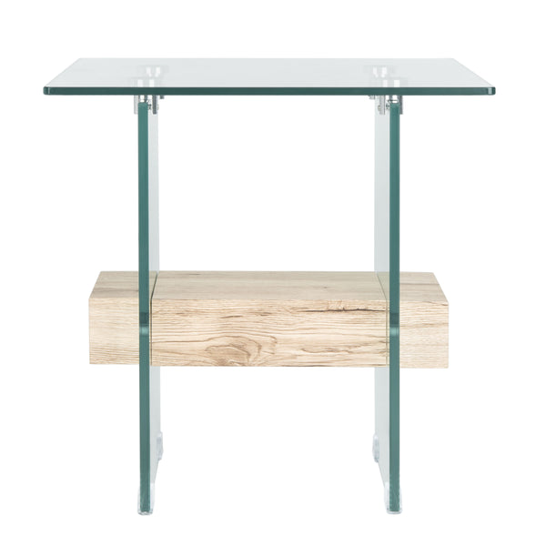 Kayley Accent Table - Elegant Modern Design with Clear Tempered Glass and Natural Wood Shelf Appeal
