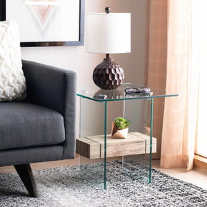 Kayley Accent Table - Elegant Modern Design with Clear Tempered Glass and Natural Wood Shelf Appeal