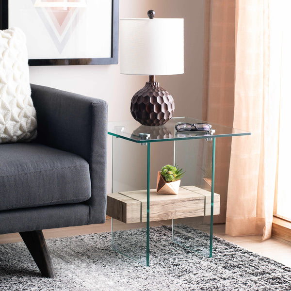 Kayley Accent Table - Elegant Modern Design with Clear Tempered Glass and Natural Wood Shelf Appeal