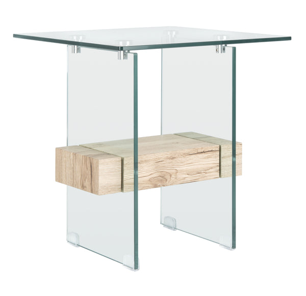 Kayley Accent Table - Elegant Modern Design with Clear Tempered Glass and Natural Wood Shelf Appeal