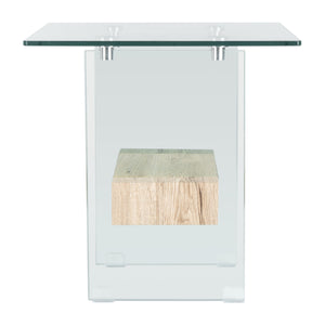 Kayley Accent Table - Elegant Modern Design with Clear Tempered Glass and Natural Wood Shelf Appeal