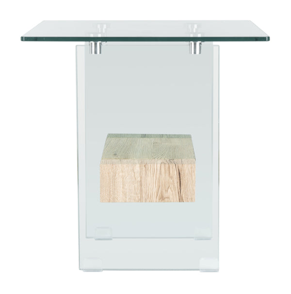 Kayley Accent Table - Elegant Modern Design with Clear Tempered Glass and Natural Wood Shelf Appeal