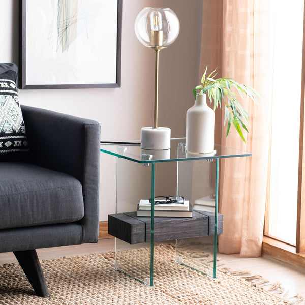 Kayley Accent Table - Elegant Modern Design with Clear Tempered Glass and Natural Wood Shelf Appeal