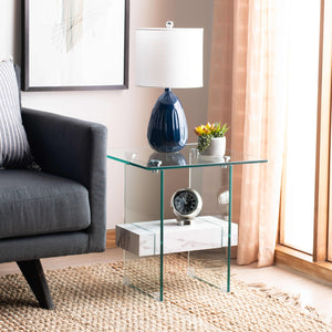 Kayley Accent Table - Elegant Modern Design with Clear Tempered Glass and Natural Wood Shelf Appeal