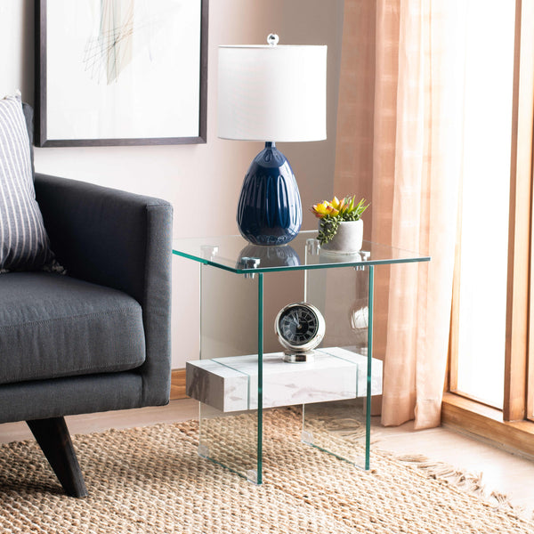 Kayley Accent Table - Elegant Modern Design with Clear Tempered Glass and Natural Wood Shelf Appeal