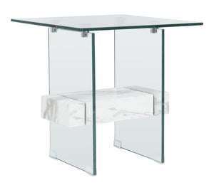 Kayley Accent Table - Elegant Modern Design with Clear Tempered Glass and Natural Wood Shelf Appeal