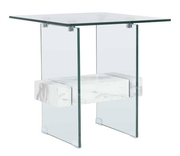 Kayley Accent Table - Elegant Modern Design with Clear Tempered Glass and Natural Wood Shelf Appeal