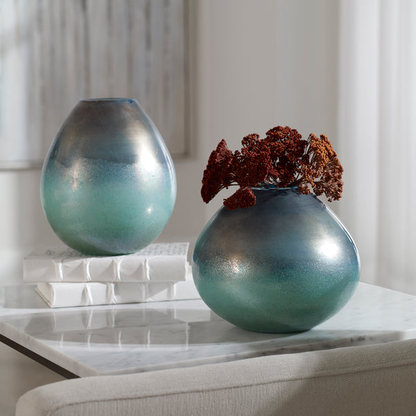Uttermost Rian Aqua Bronze Vases - Set of 2