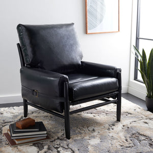 Oslo Mid Century Arm Chair - Luxurious Black Vegan Leather with Natural Oak Spindle Legs