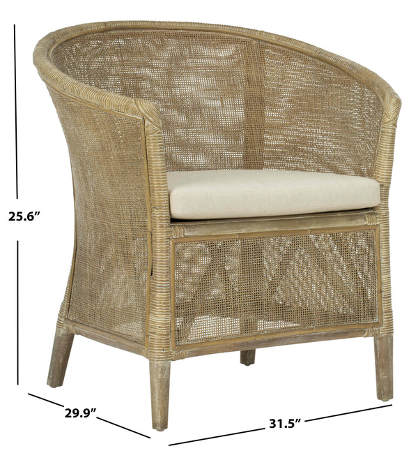 Alexana Rattan Armchair – Modern Comfort with Whitewashed Finish & Linen Cushion for Chic Living Rooms