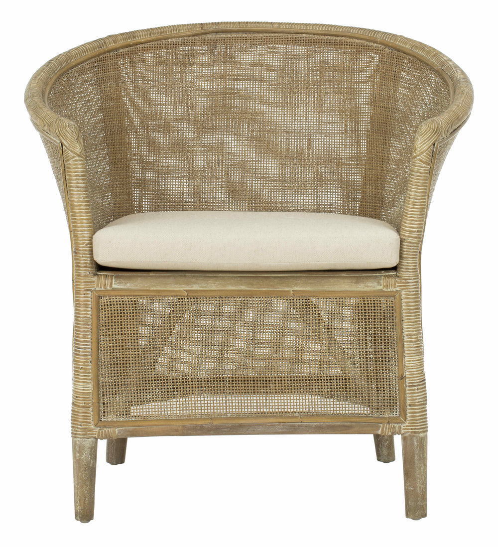 Alexana Rattan Armchair – Modern Comfort with Whitewashed Finish & Linen Cushion for Chic Living Rooms
