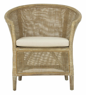 Alexana Rattan Armchair – Modern Comfort with Whitewashed Finish & Linen Cushion for Chic Living Rooms