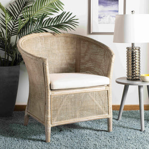 Alexana Rattan Armchair – Modern Comfort with Whitewashed Finish & Linen Cushion for Chic Living Rooms
