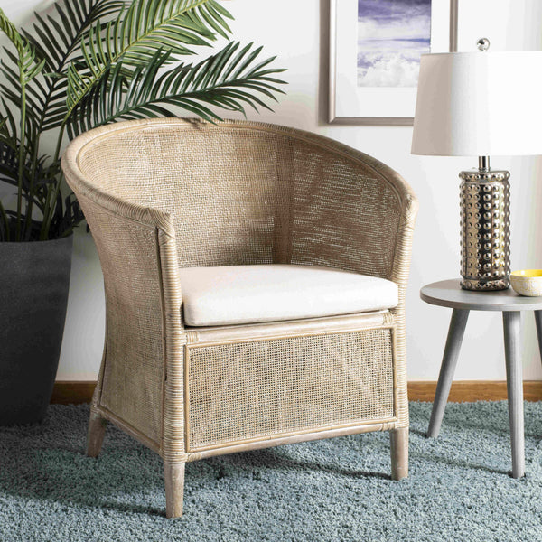 Alexana Rattan Armchair – Modern Comfort with Whitewashed Finish & Linen Cushion for Chic Living Rooms