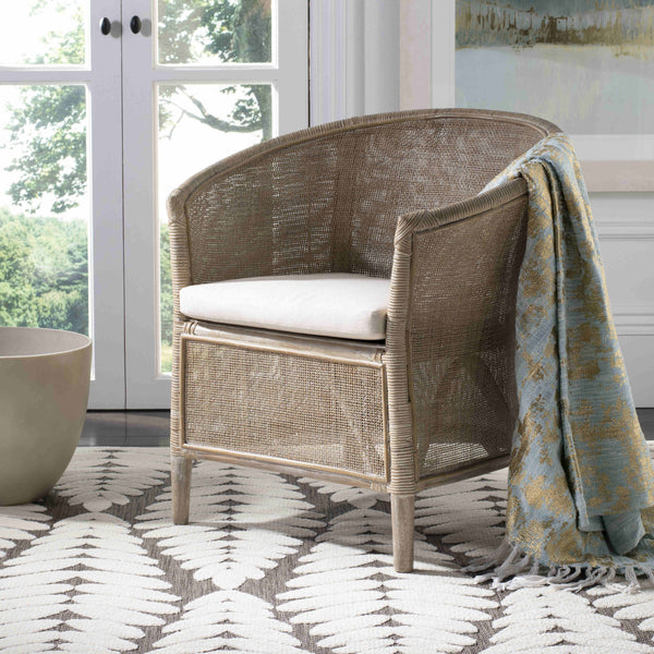 Alexana Rattan Armchair – Modern Comfort with Whitewashed Finish & Linen Cushion for Chic Living Rooms
