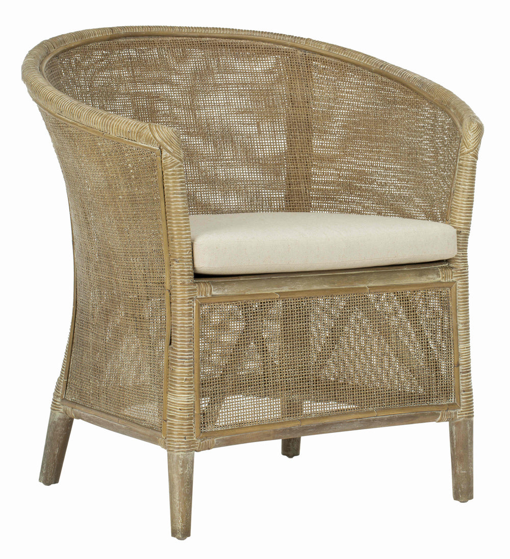 Alexana Rattan Armchair – Modern Comfort with Whitewashed Finish & Linen Cushion for Chic Living Rooms
