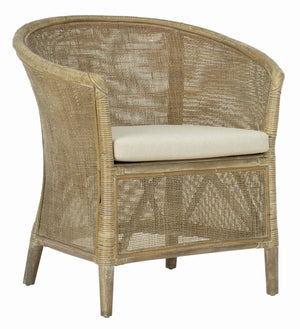 Alexana Rattan Armchair – Modern Comfort with Whitewashed Finish & Linen Cushion for Chic Living Rooms