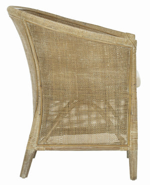 Alexana Rattan Armchair – Modern Comfort with Whitewashed Finish & Linen Cushion for Chic Living Rooms