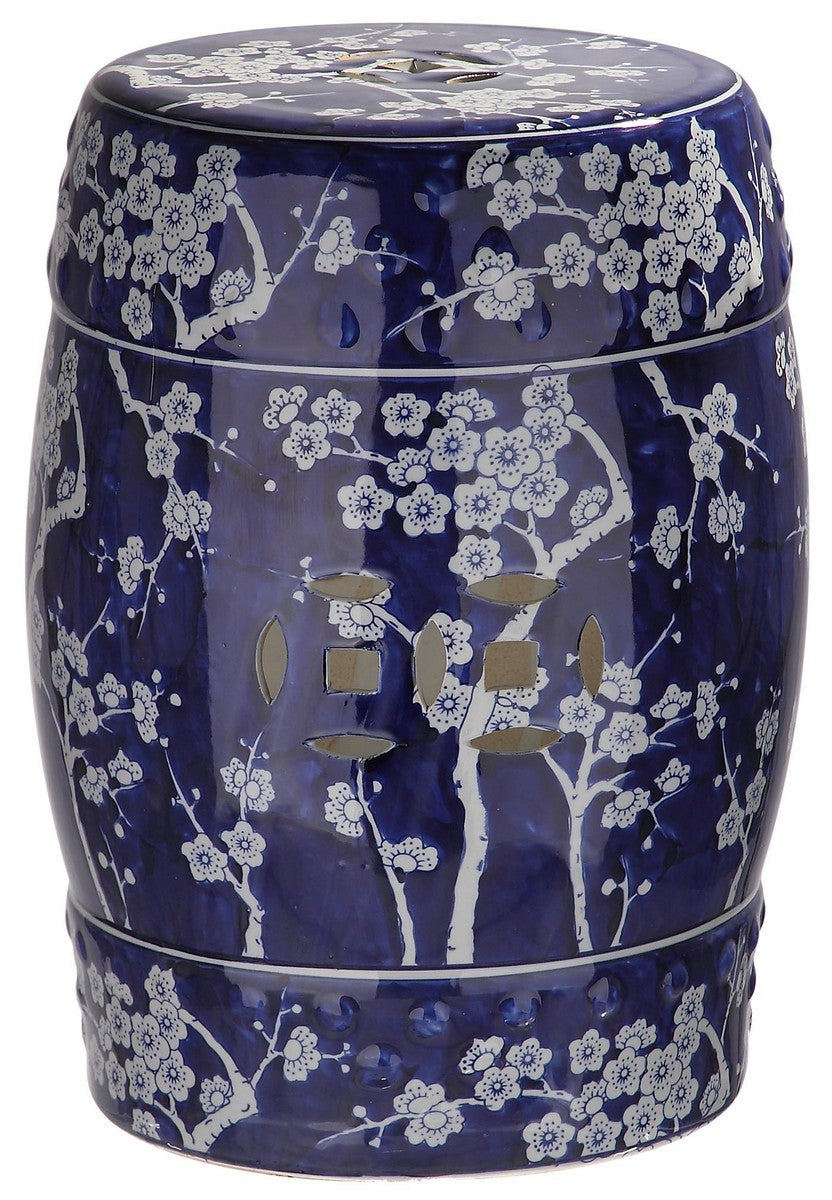 Midnight Kiss Garden Stool - Exotic Dark Blue Ceramic with Cherry Blossom Design for Outdoor Elegance