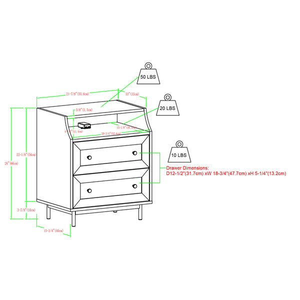 Welsh 22" Curved Open Top 2 Drawer End Table with USB