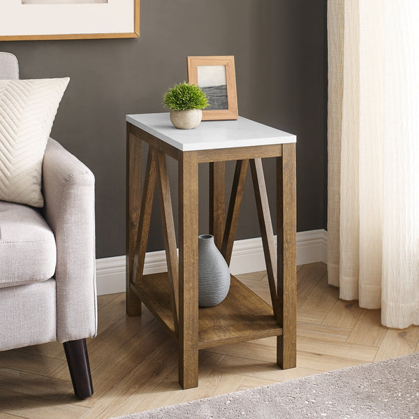 Narrow A Frame Side Table Faux White Marble/Natural Walnut