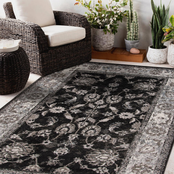 AMER Rugs Alexandria ALX-44 Power-Loomed Bordered Transitional Area Rug Black 8'9" x 11'9"