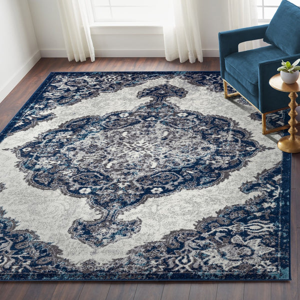 AMER Rugs Alexandria ALX-86 Power-Loomed Medallion Transitional Area Rug Navy 8'9" x 11'9"