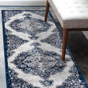 AMER Rugs Alexandria ALX-86 Power-Loomed Medallion Transitional Area Rug Navy 2' x 6'