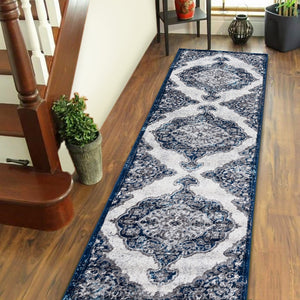 AMER Rugs Alexandria ALX-86 Power-Loomed Medallion Transitional Area Rug Navy 2'6" x 10'3"