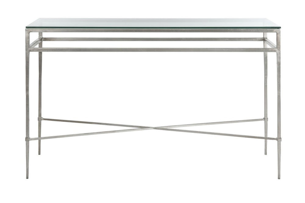 Baumgarten Antique Silver Console Table - Elegant Metal Frame with Glass Top for Chic Interiors
