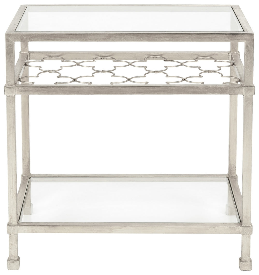 Hanzel Silver Leaf Glass Side Table - Elegant Iron Accent Table with Quatrefoil Design, 65 lbs Capacity