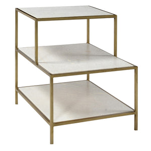 Dovetail Baxter Three Tierd White Marble and Bushed Brass Finished Iron Framed Side Table AR012B