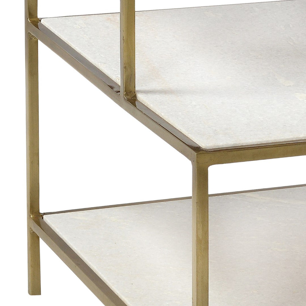Dovetail Baxter Three Tierd White Marble and Bushed Brass Finished Iron Framed Side Table AR012B