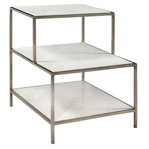 Dovetail Baxter Three Tierd White Marble and Bushed Nickel Finished Iron Framed Side Table AR012N