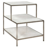 Dovetail Baxter Three Tierd White Marble and Bushed Nickel Finished Iron Framed Side Table AR012N