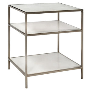 Dovetail Baxter Three Shelved White Marble and Bushed Antique Nickel Finished Iron Framed Side Table AR013N