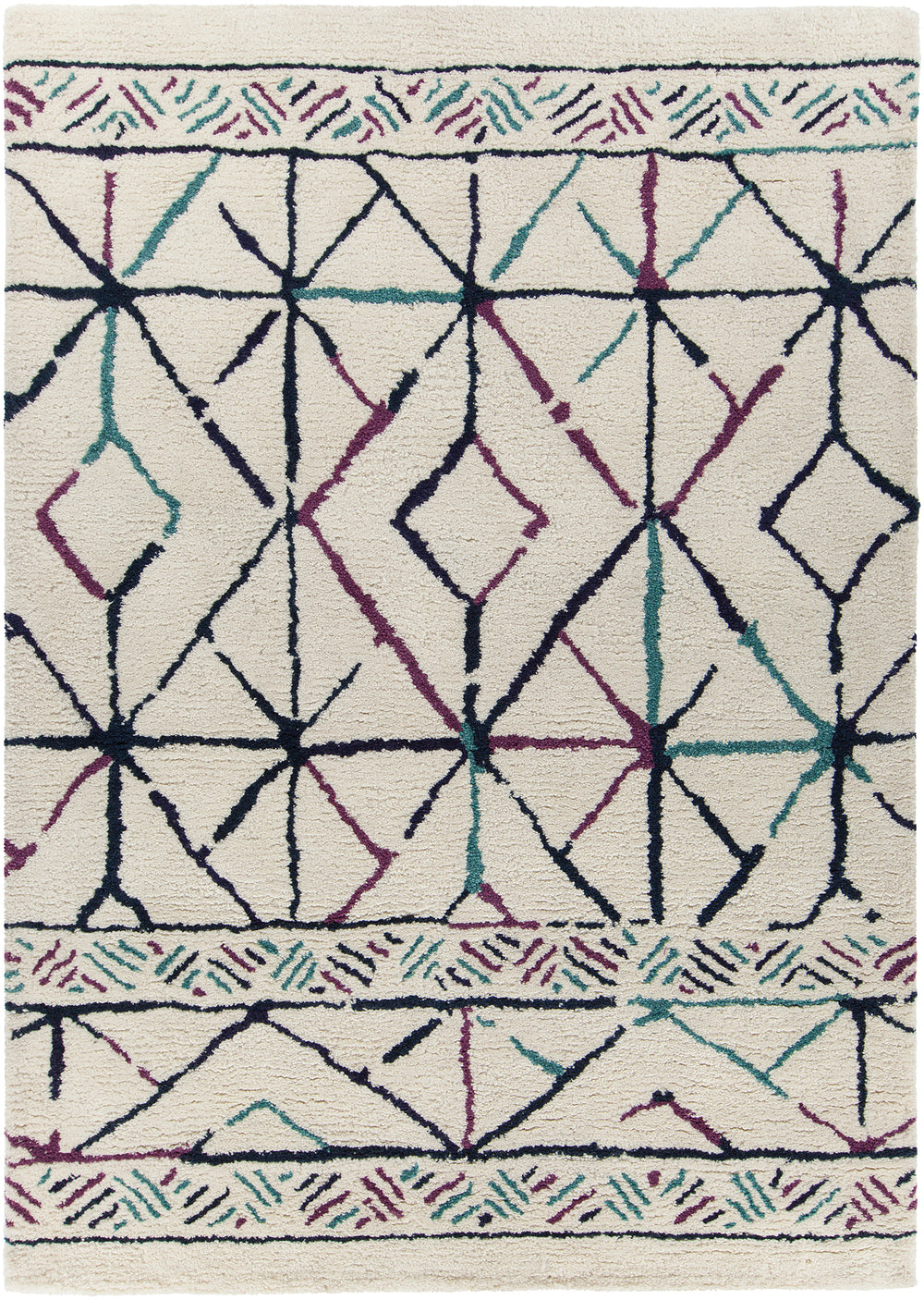 Chandra Rugs Arcon 100 % Wool Hand-Woven Contemporary Shag Rug Cream/Red/Blue/Black 7'9 x 10'6