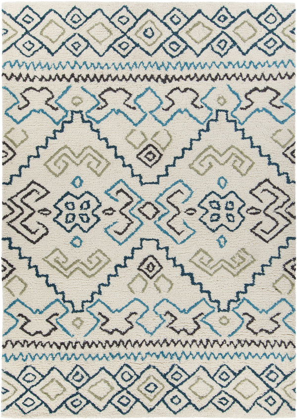 Chandra Rugs Arcon 100 % Wool Hand-Woven Contemporary Shag Rug Cream/Grey/Blue/Black 7'9 x 10'6