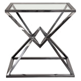 Aria Square Stainless Steel End Table w/ Polished Black Finish Base & Clear, Tempered Glass Top