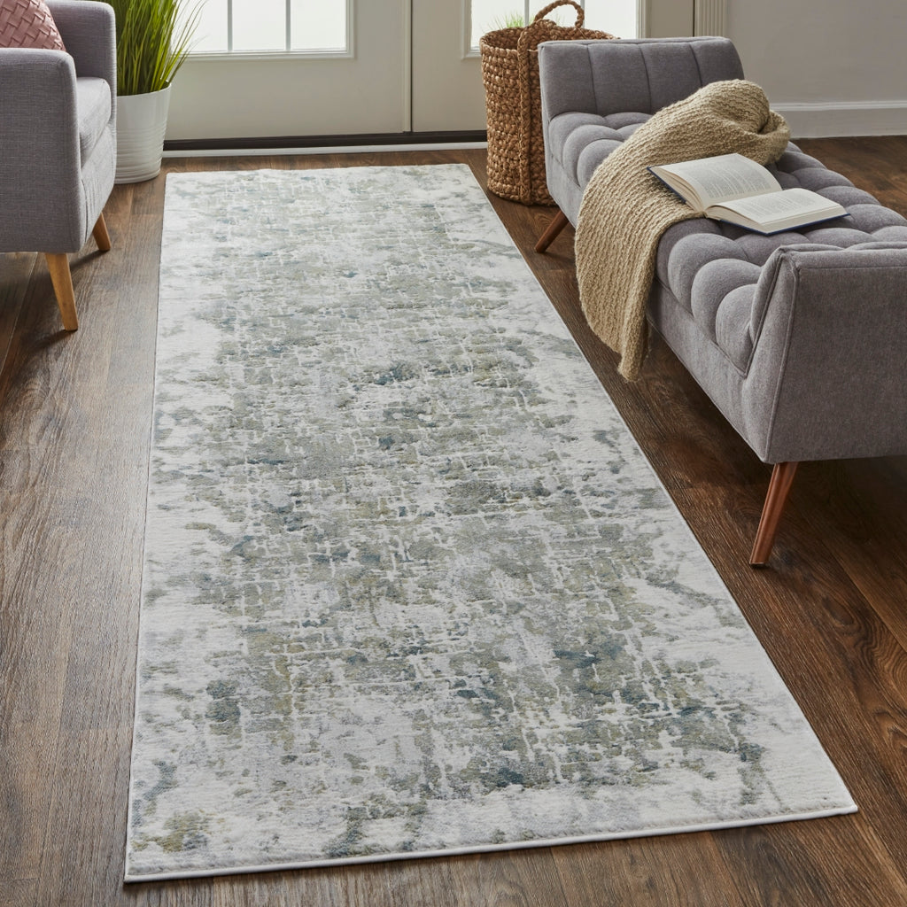 Atwell Contemporary Abstract Rug, Silver Gray/Green, 3ft x 8ft, Runner