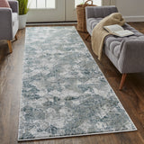 Atwell Contemporary Distressed Rug, Squares, Iceberg Green, 3ft x 8ft, Runner