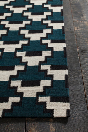 Chandra Rugs Avon 100% Wool Hand-Woven Contemporary Flatweave Rug Blue/ Black/ White  7'9 x 10'6