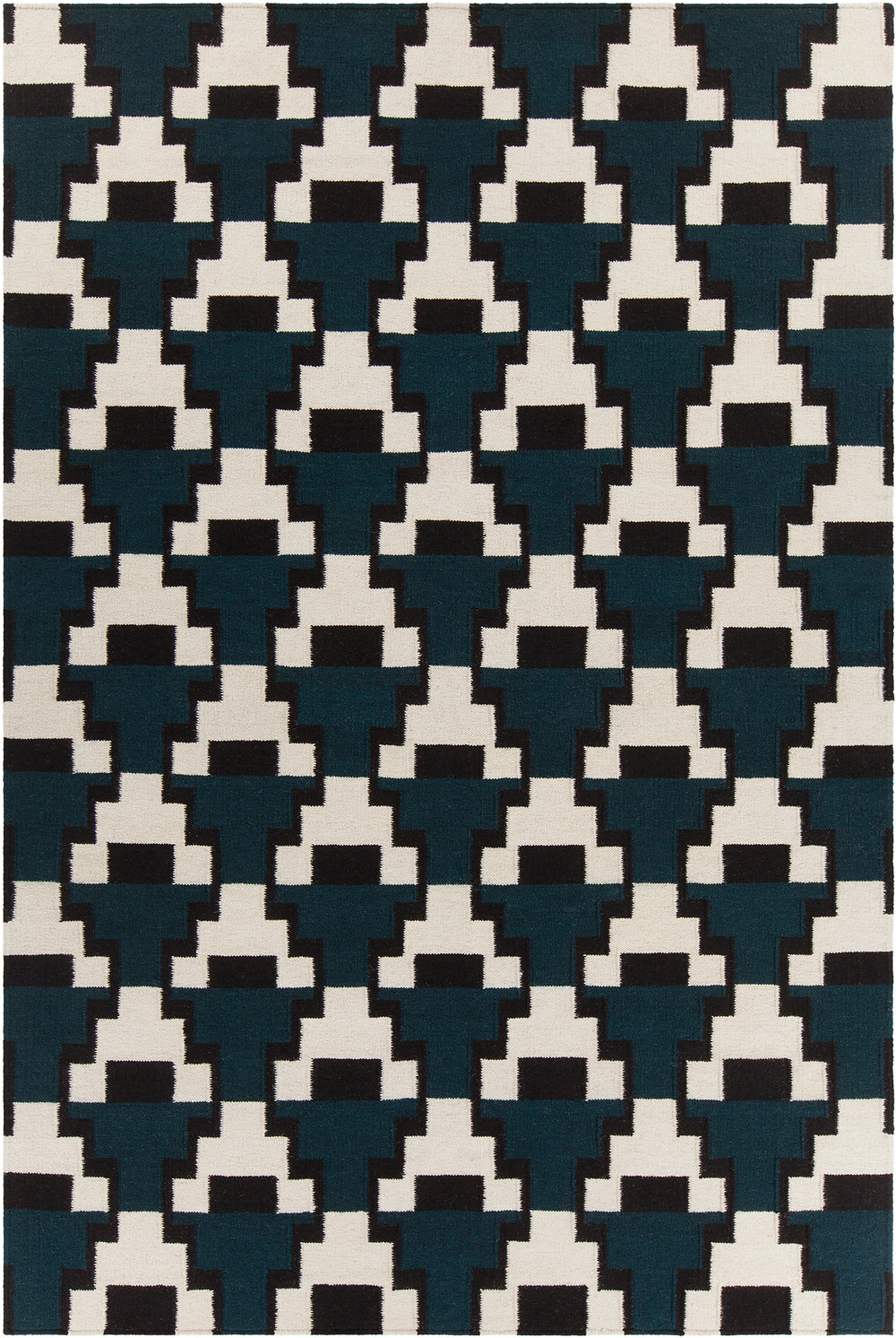 Chandra Rugs Avon 100% Wool Hand-Woven Contemporary Flatweave Rug Blue/ Black/ White  7'9 x 10'6