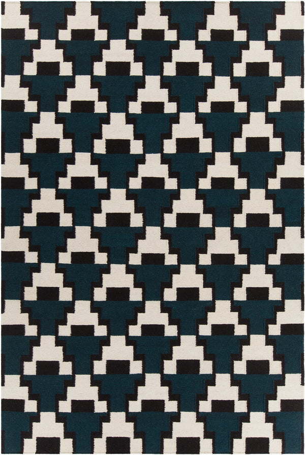 Chandra Rugs Avon 100% Wool Hand-Woven Contemporary Flatweave Rug Blue/ Black/ White  7'9 x 10'6